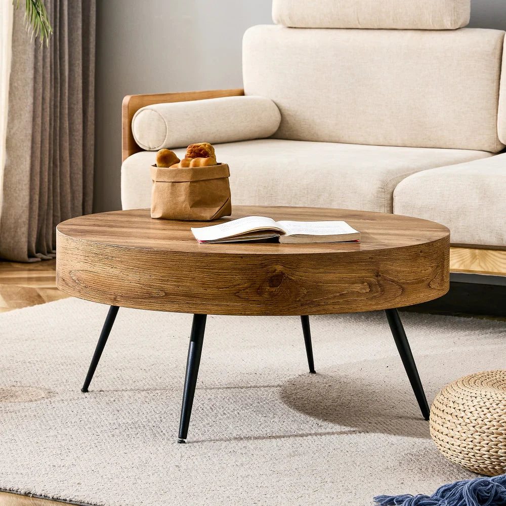 Table basse bois clair rond 70 cm pieds métal noir