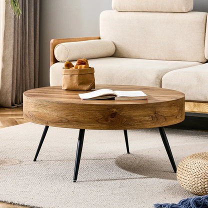 Table basse bois clair rond 70 cm pieds métal noir