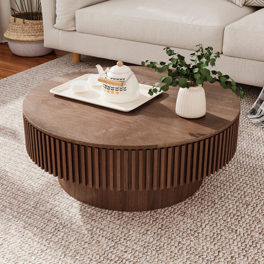 Table basse en bois massif ronde 75 cm avec rangement