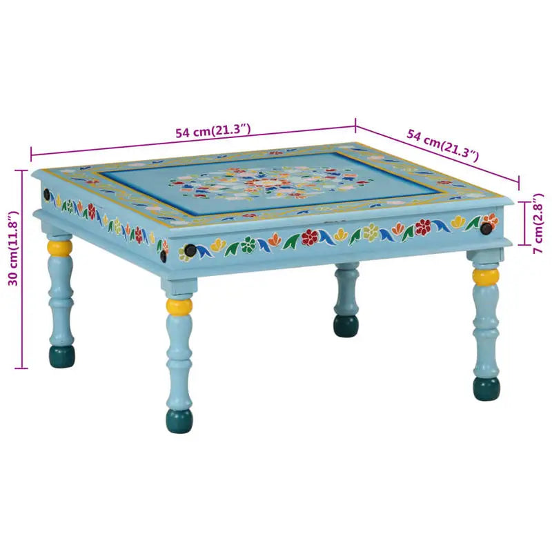 Table basse en bois massif mangue peinte à la main turquoise