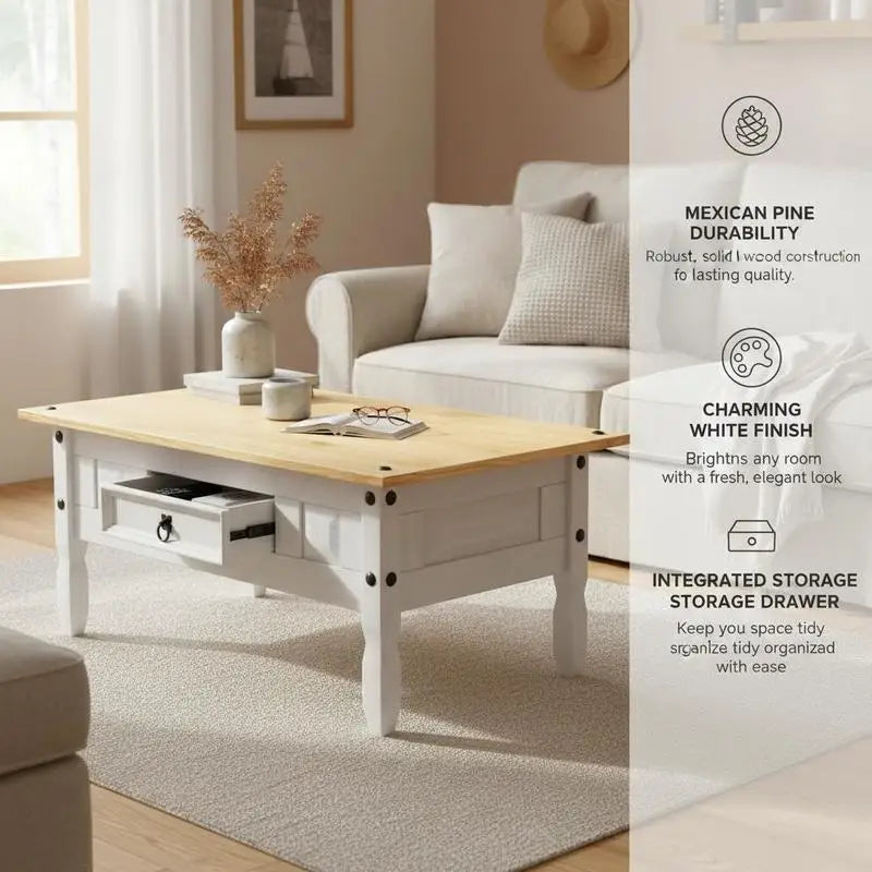Table basse blanche et en bois de pin massif 100x55x44 cm