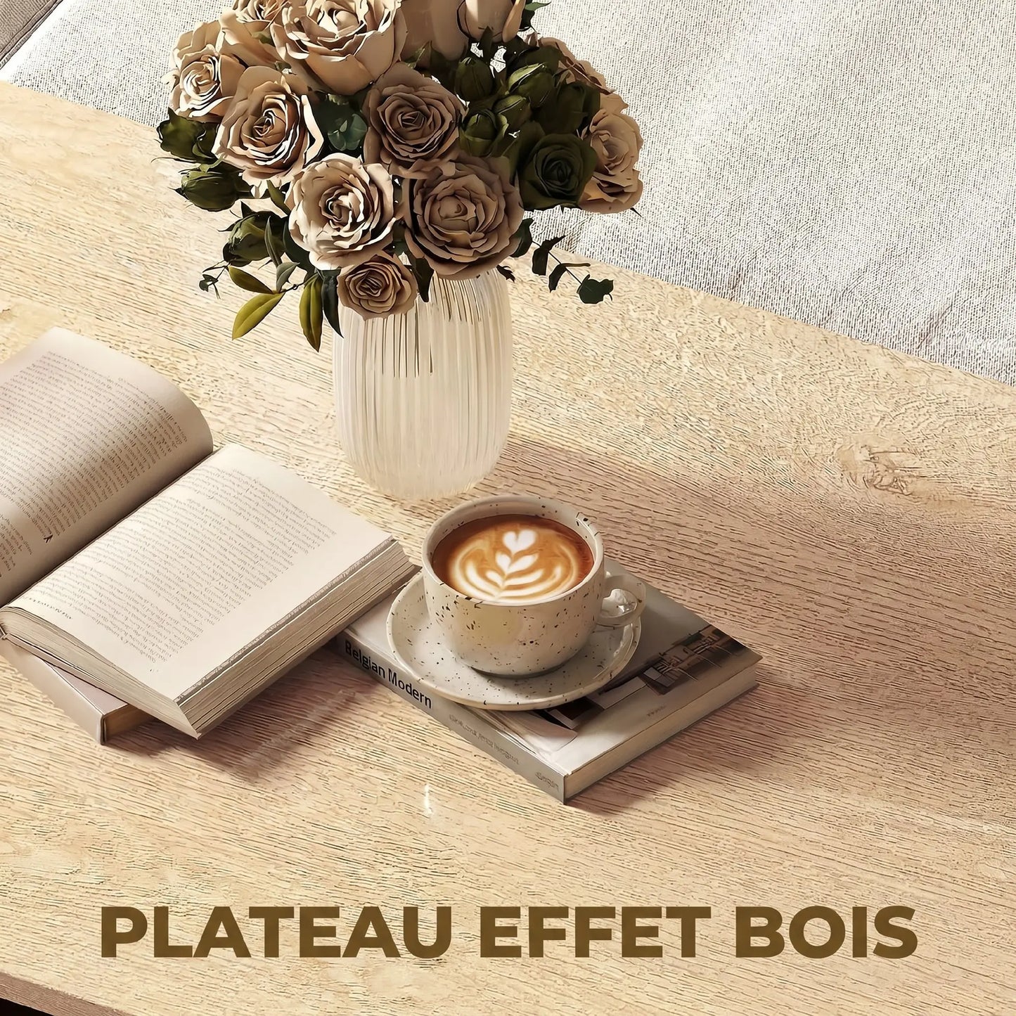 Table basse en bois et noir à niveaux décalés avec étagère de rangement 95x55x50 cm MDF