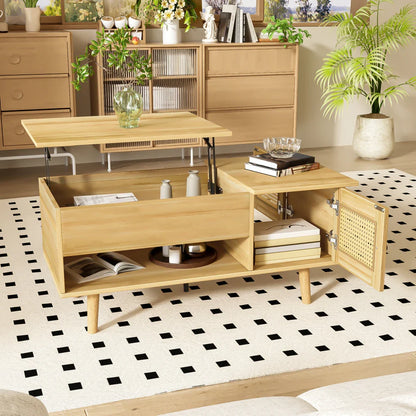 Table basse bois clair avec plateau relevable et portes en rotin 103x50x46 cm