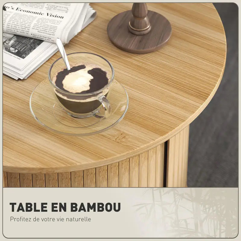 Table basse ronde en bambou avec rangement coulissant 60x45H cm