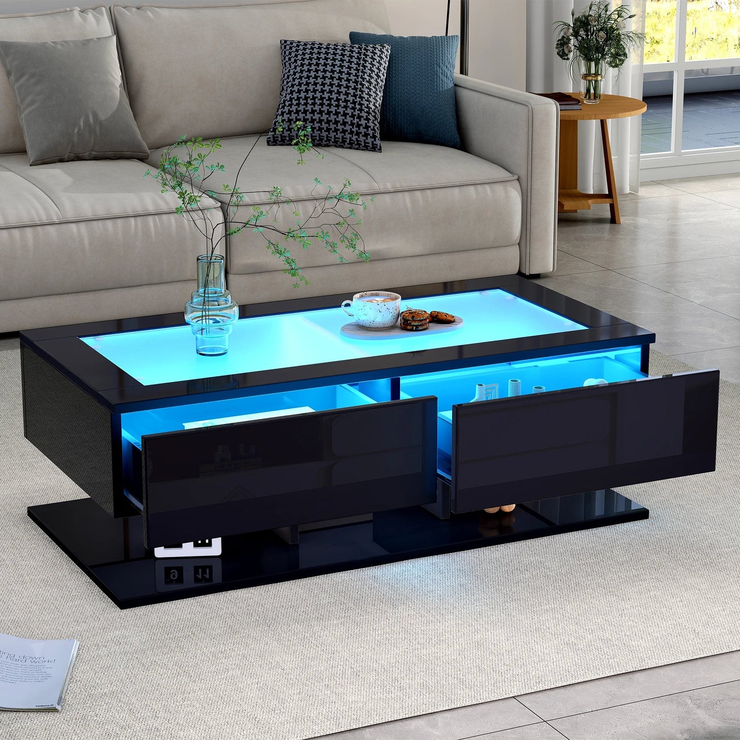 Table basse en bois et noir rectangulaire avec LED et rangement, plateau en verre trempé