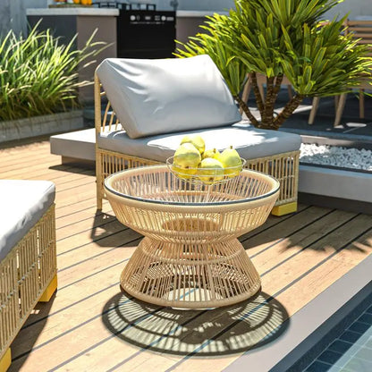 Table basse ronde en bois avec plateau verre trempé rotin synthétique
