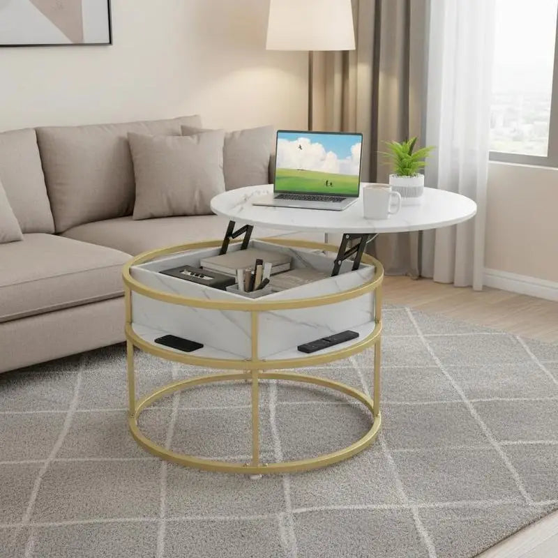 Table basse ronde en bois avec mécanisme lift et rangement caché 80x80x50H cm