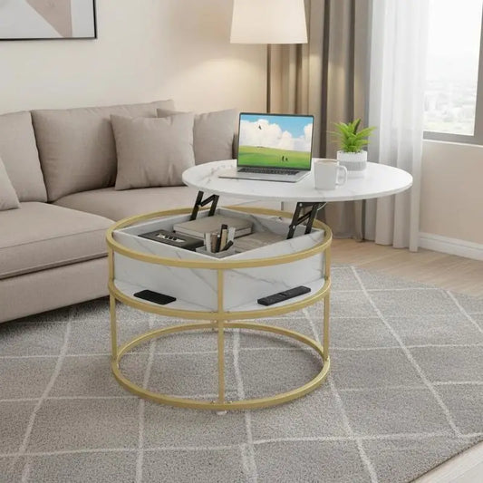 Table basse ronde en bois avec mécanisme lift et rangement caché 80x80x50H cm