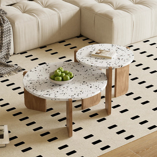 Table basse ronde en bois MDF blanc et bois 70x70x35 + 50x50x45,5 cm