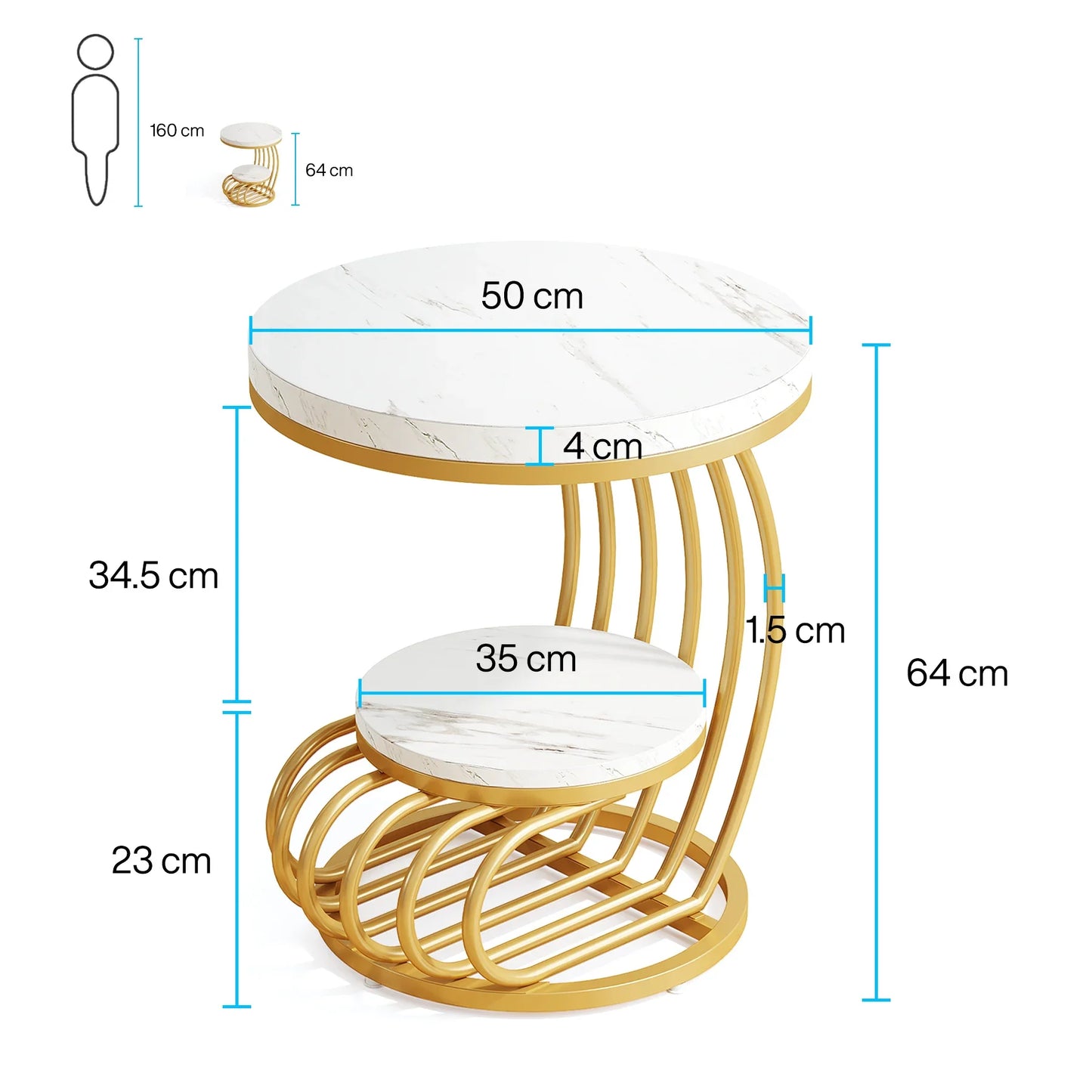 Table basse ronde en bois blanc marbre effet or 50 x 50 x 63 cm