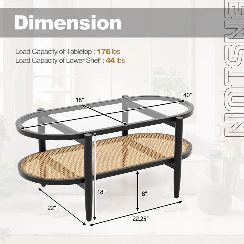 Table basse en bois et noir 2 niveaux avec plateau en verre trempé et cadre en acacia
