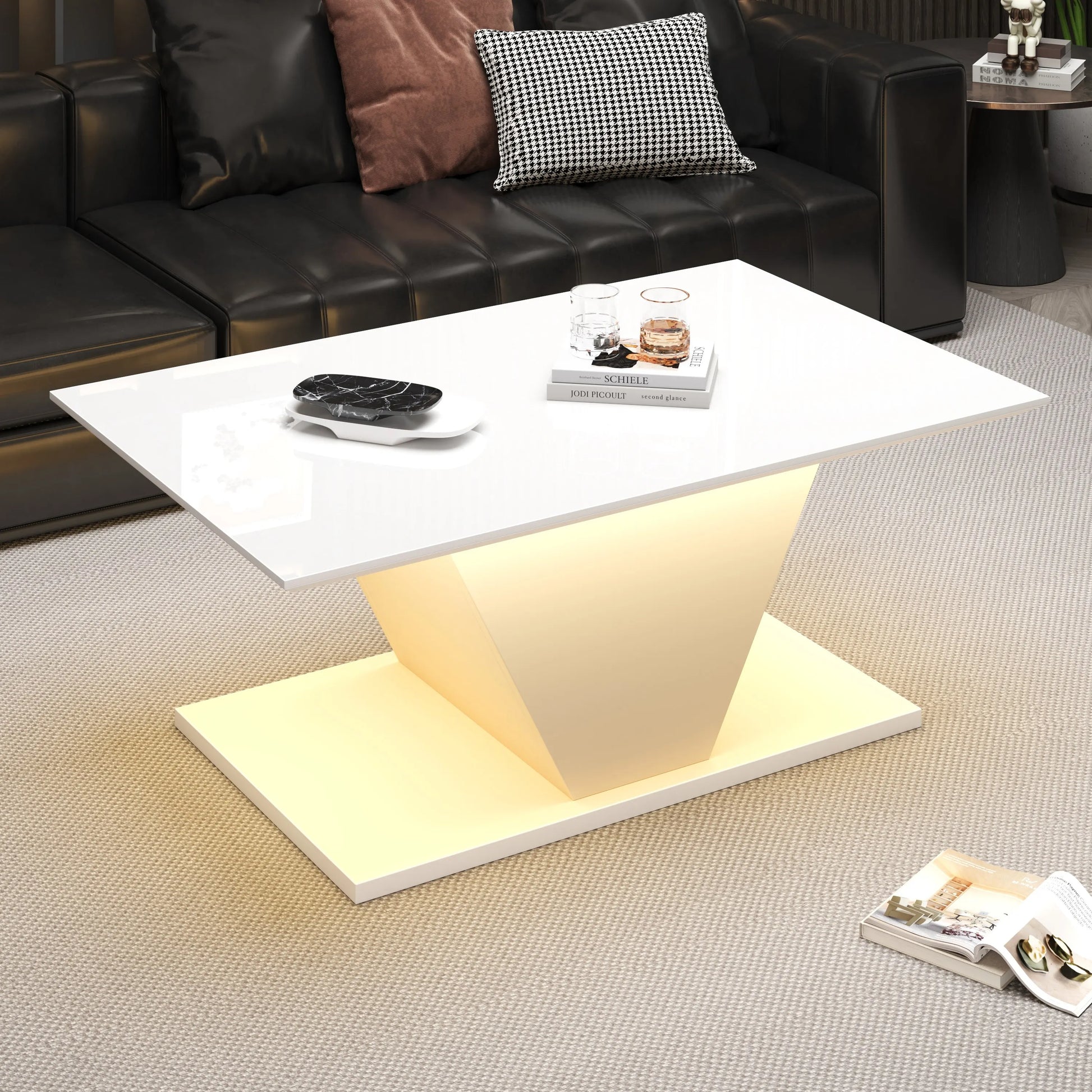 Table basse blanche et en bois MDF haute brillance forme V avec LED RGB
