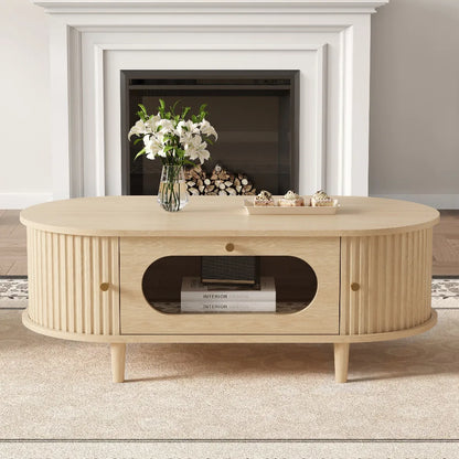 Table basse bois clair avec tiroir et porte coulissante 100x50x36 cm