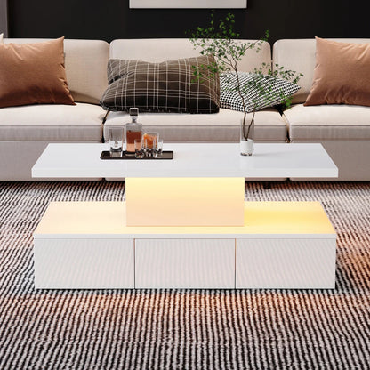 Table basse blanche et en bois rectangulaire avec LED et tiroir 100x50x39 cm