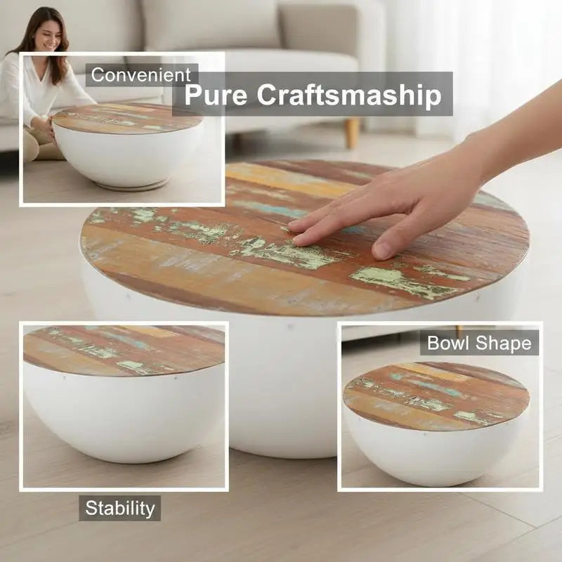 Table basse en bois massif forme bol piètement acier