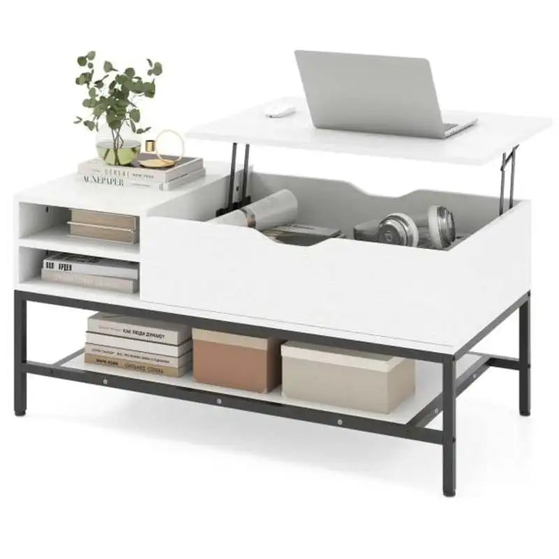 Table basse blanche et en bois avec plateau levant et compartiment caché