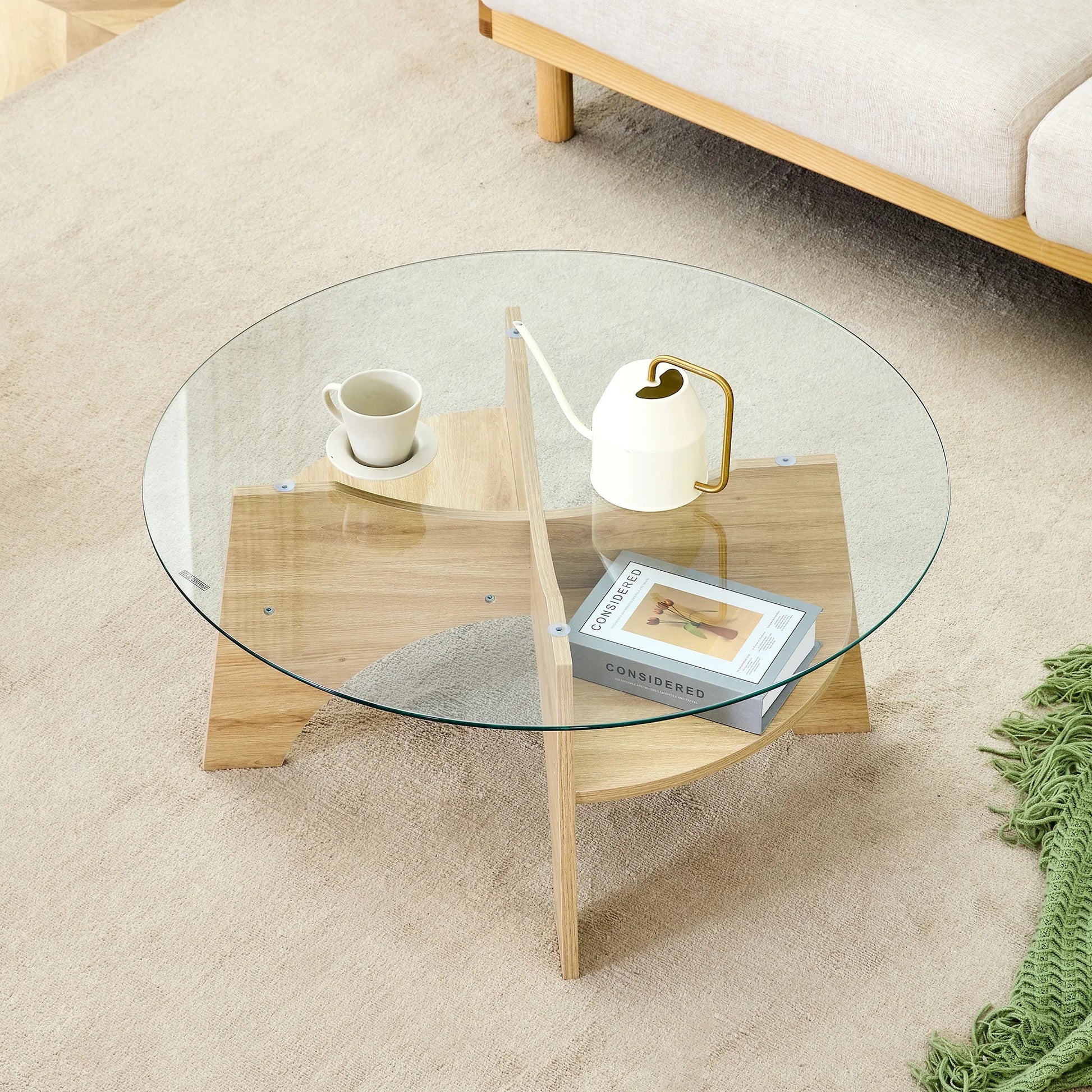 Table basse bois clair et verre transparent ronde 80 cm avec pieds éventail