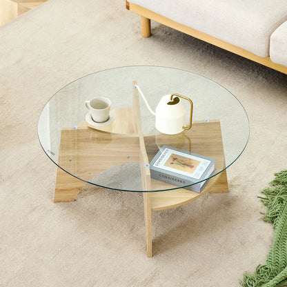 Table basse bois clair et verre transparent ronde 80 cm avec pieds éventail