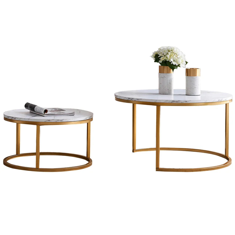 Table basse ronde en bois MDF avec piètement métal doré et noir