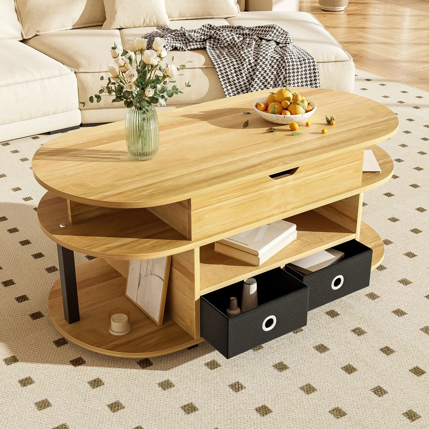 Table basse en bois et noir 105x50x45-60 cm avec fonction relevable et tiroirs