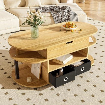 Table basse en bois et noir 105x50x45-60 cm avec fonction relevable et tiroirs