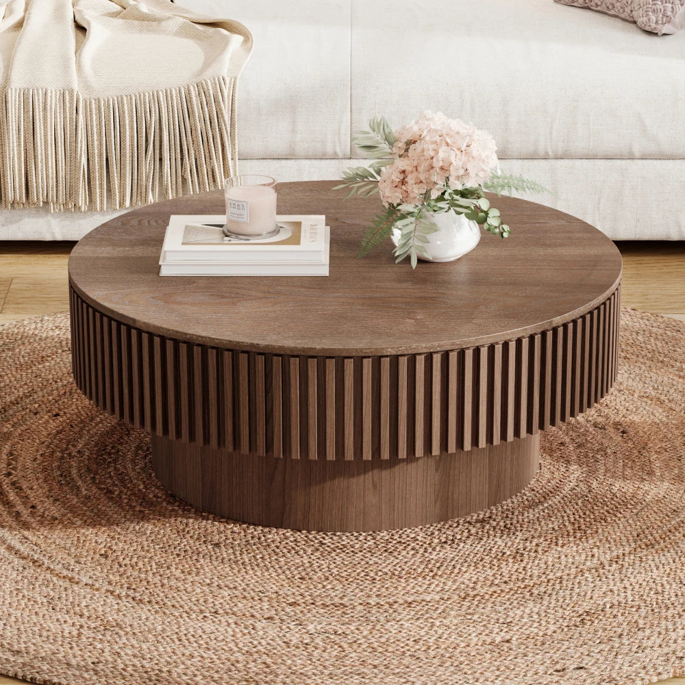 Table basse en bois massif ronde 75 cm avec rangement