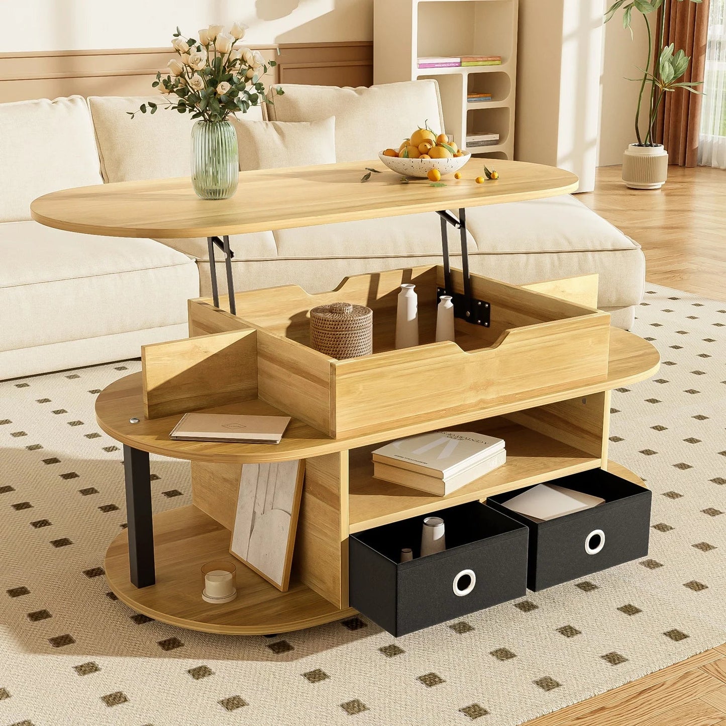 Table basse en bois et noir 105x50x45-60 cm avec fonction relevable et tiroirs