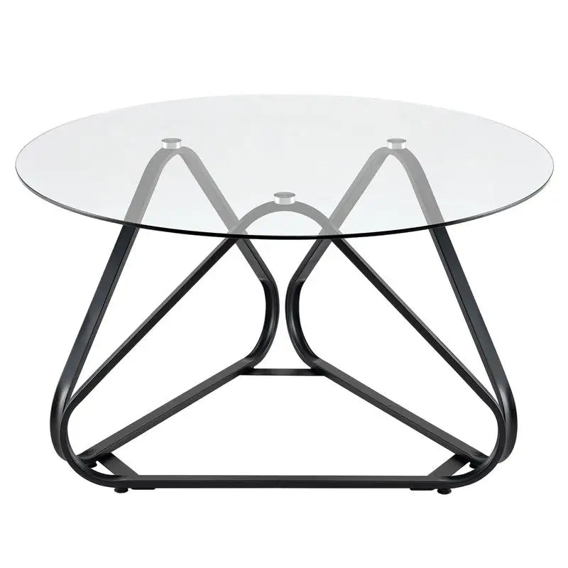 Table basse ronde en bois avec plateau verre trempé piètement métal noir 80 cm