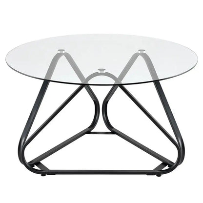 Table basse ronde en bois avec plateau verre trempé piètement métal noir 80 cm