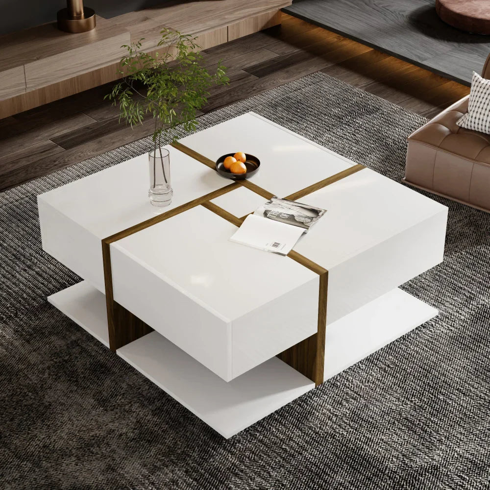 Table basse bois clair 78x78x36 cm avec 4 tiroirs et rangement double niveau