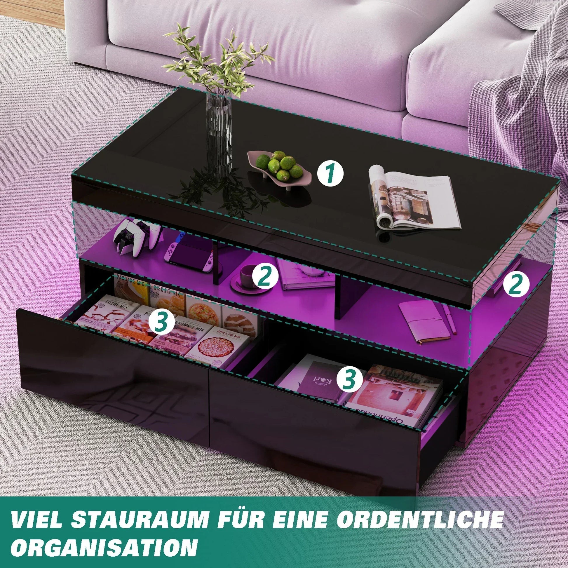 Table basse en bois et noir avec tiroirs et LED 104x53x46 cm
