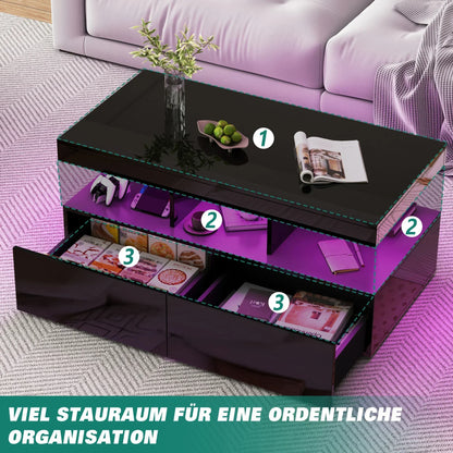 Table basse en bois et noir avec tiroirs et LED 104x53x46 cm