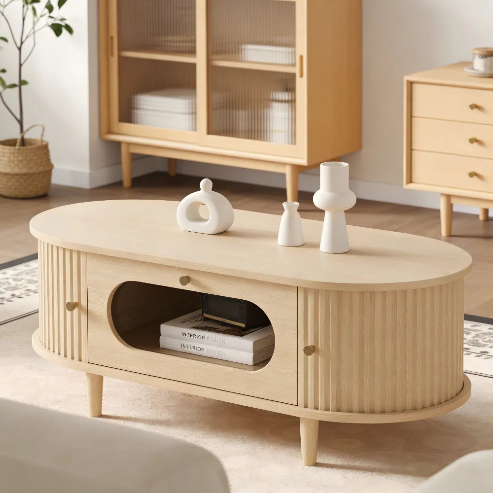 Table basse bois clair avec tiroir et porte coulissante 100x50x36 cm