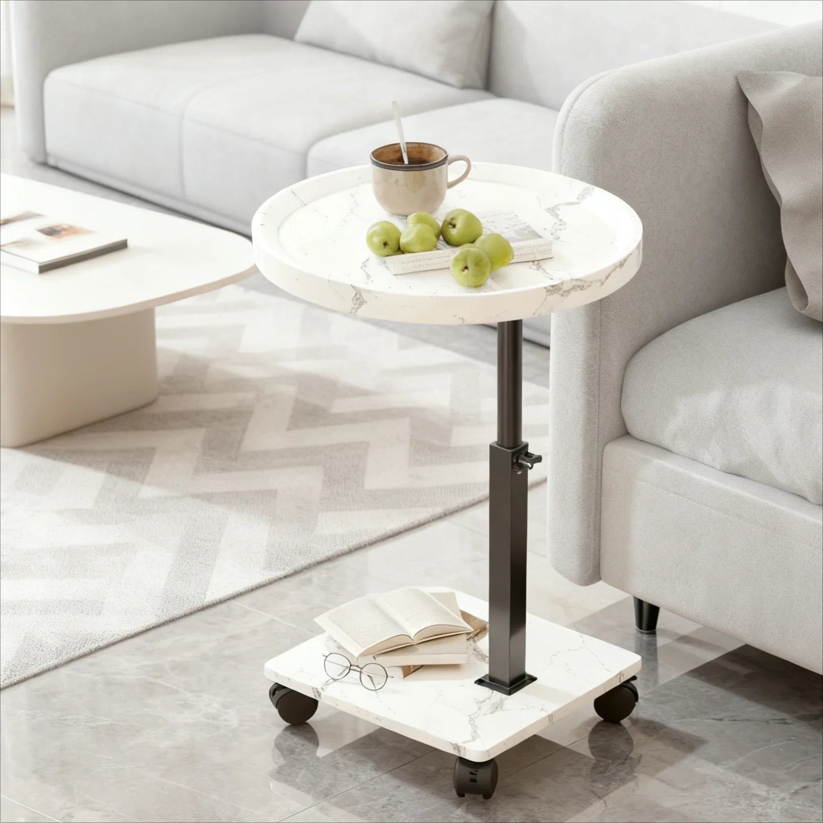 Table basse ronde en bois 2 niveaux avec roulettes réglable en hauteur