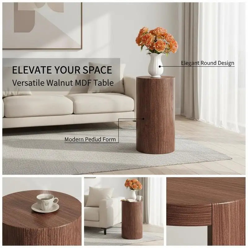 Table basse ronde en bois MDF noyer avec piètement métal noir