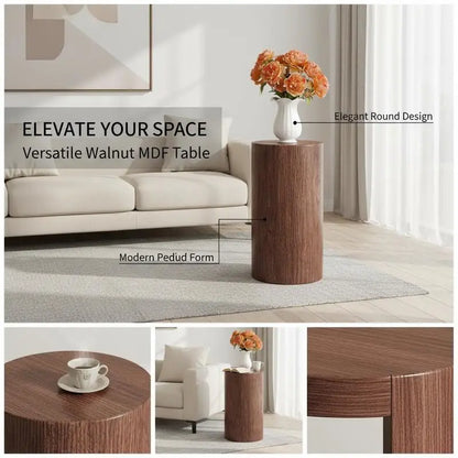 Table basse ronde en bois MDF noyer avec piètement métal noir