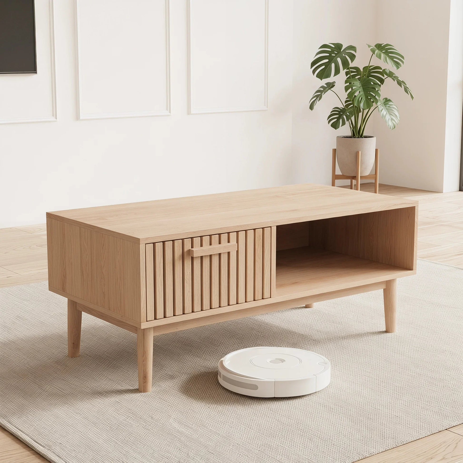 Table basse bois clair avec tiroir et compartiment ouvert