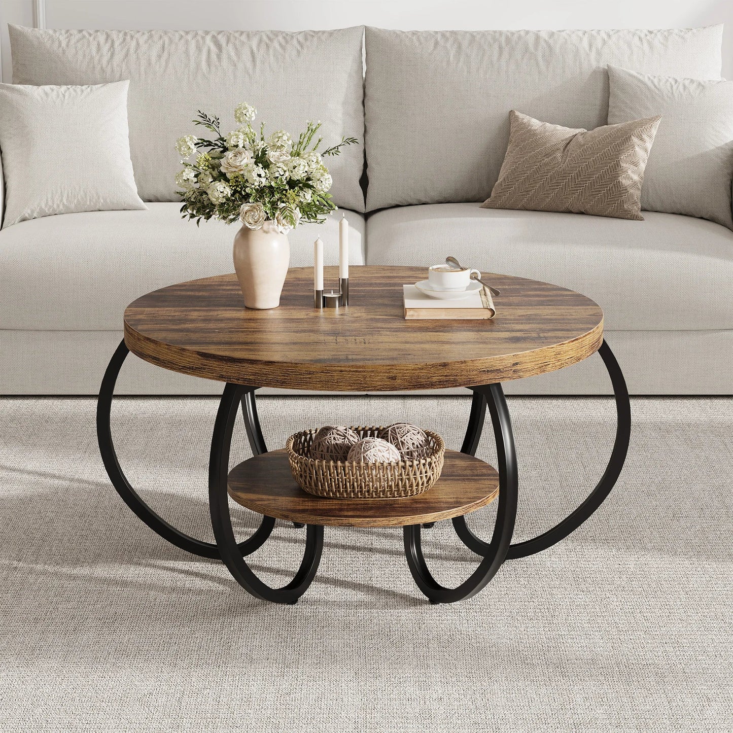 Table basse ronde en bois 2 niveaux avec rangement 80 cm