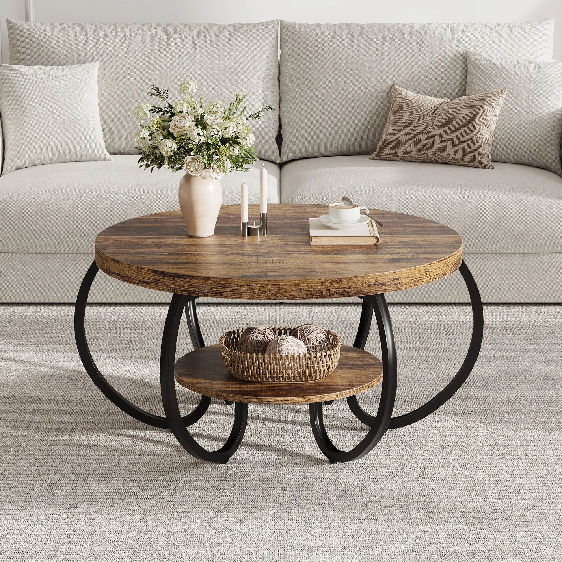 Table basse ronde en bois 2 niveaux avec rangement 80 cm