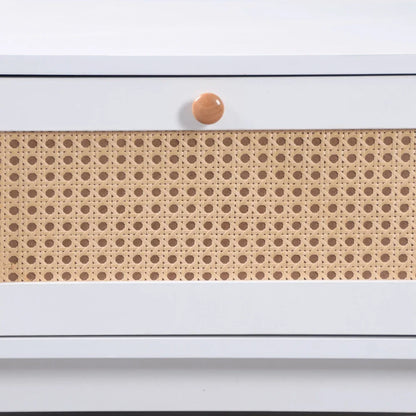 Table basse blanche et en bois avec tiroir en rotin et portes coulissantes 110 x 55 x 38,5 cm MDF