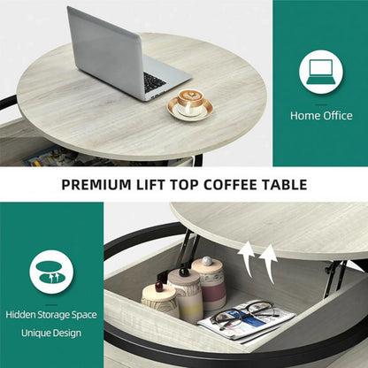 Table basse ronde en bois avec plateau relevable et rangement 80x80x47 cm
