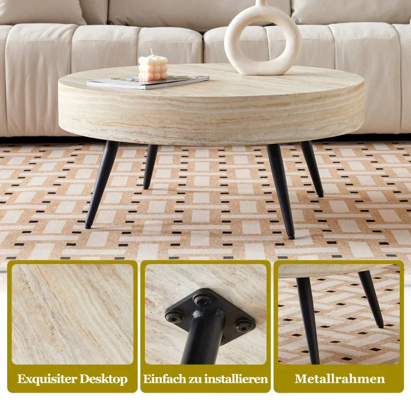 Table basse ronde en bois MDF effet travertin clair avec piètement métal noir 70 cm