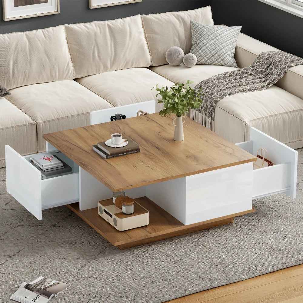 Table basse bois clair 70x70x31.5 cm avec 3 tiroirs et rangement semi-ouvert