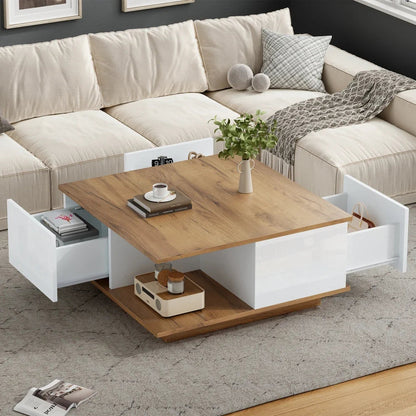 Table basse bois clair 70x70x31.5 cm avec 3 tiroirs et rangement semi-ouvert