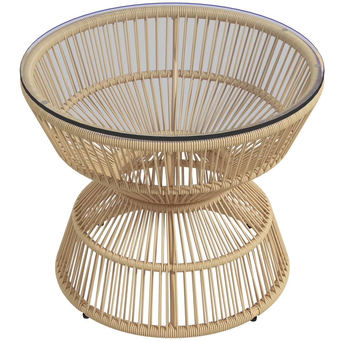 Table basse ronde en bois rotin PE avec plateau en verre trempé 60 cm