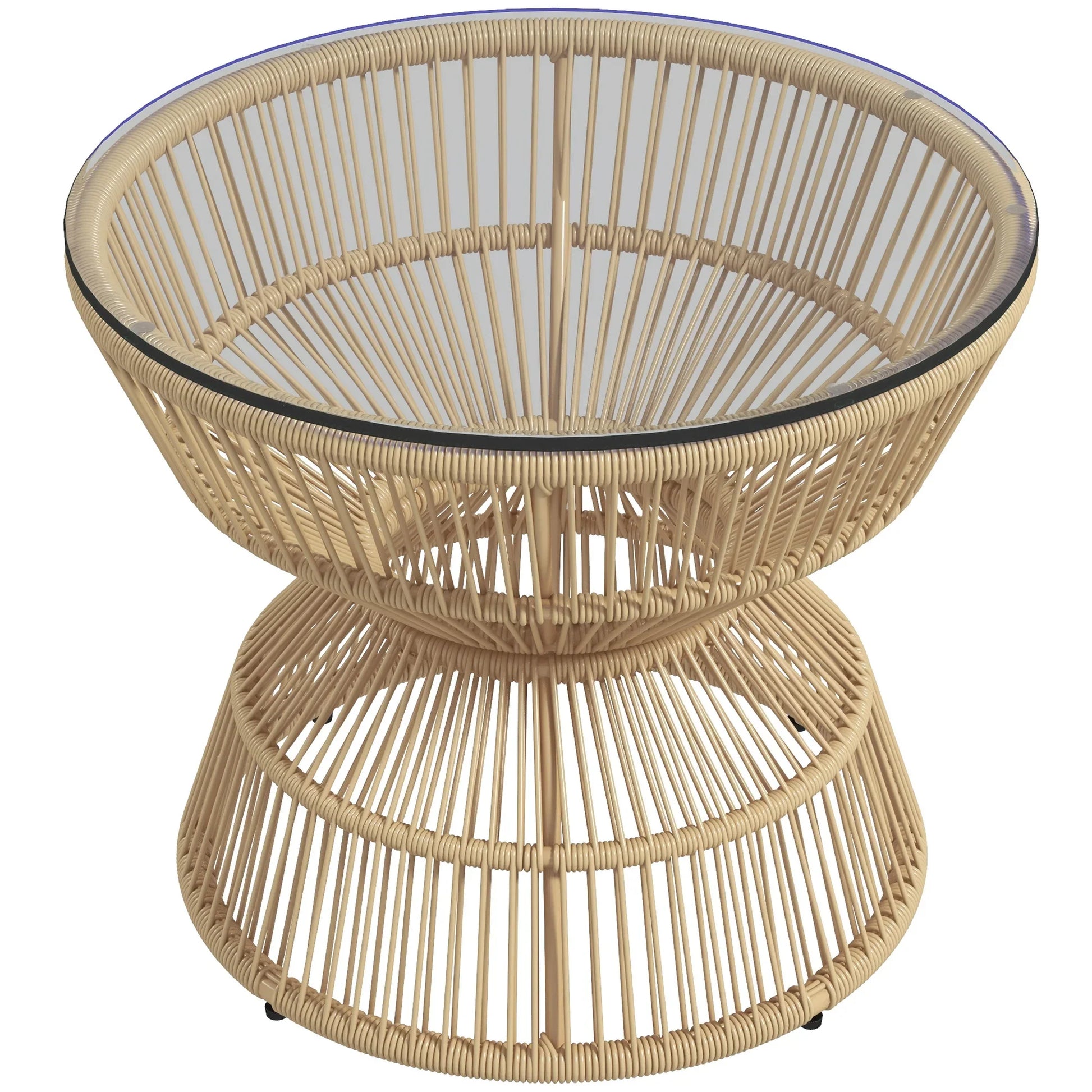 Table basse ronde en bois rotin PE avec plateau en verre trempé 60 cm