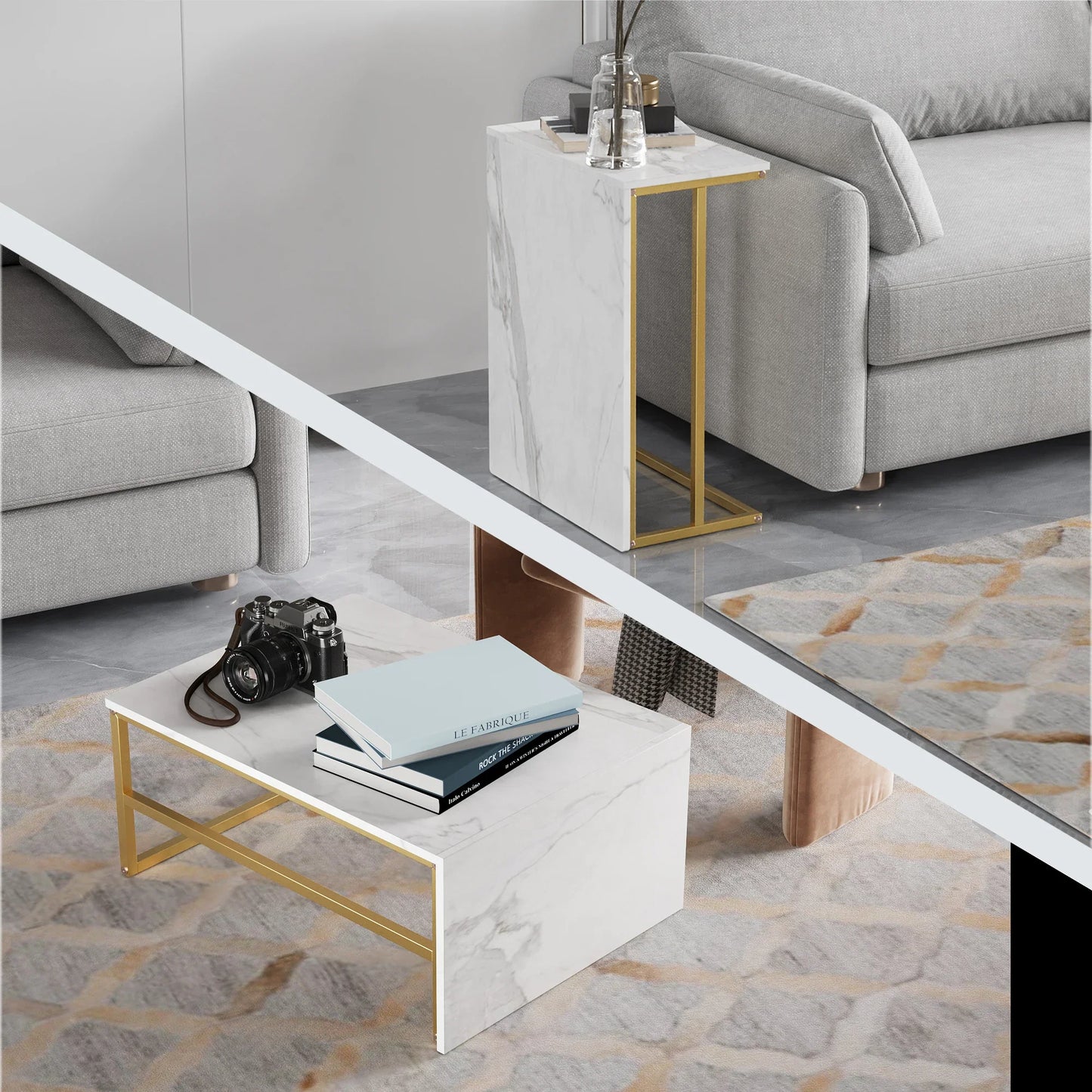 Table basse blanche et en bois avec étagères et cadre en acier 105x52x48.5 cm