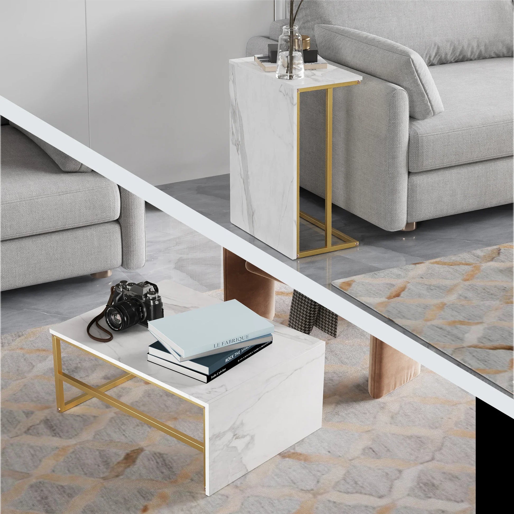 Table basse blanche et en bois avec étagères et cadre en acier 105x52x48.5 cm