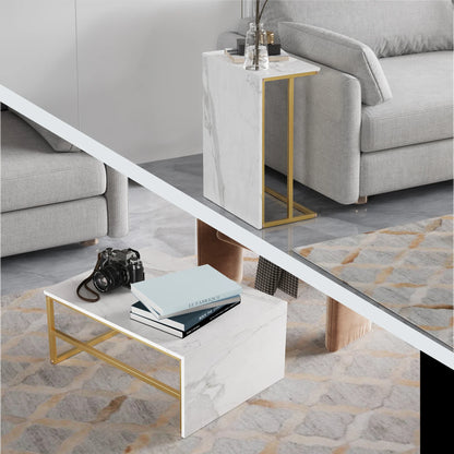 Table basse blanche et en bois avec étagères et cadre en acier 105x52x48.5 cm