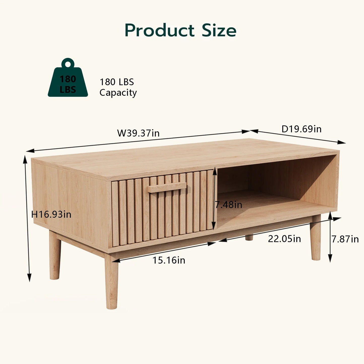 Table basse bois clair 100x50x43 cm avec tiroir et rangement